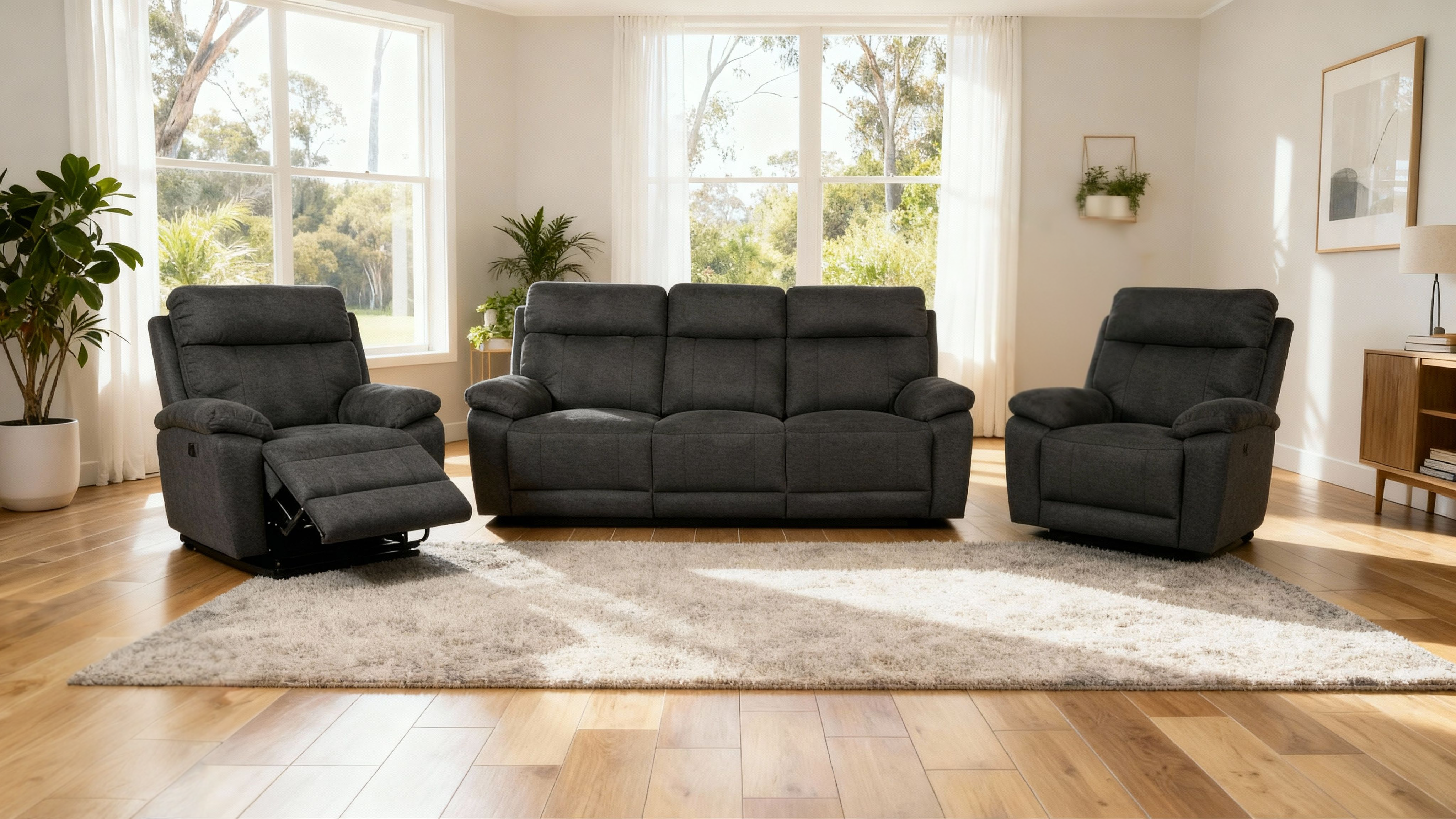 Hobart Fabric Recliner Sofa & 2 Recliners